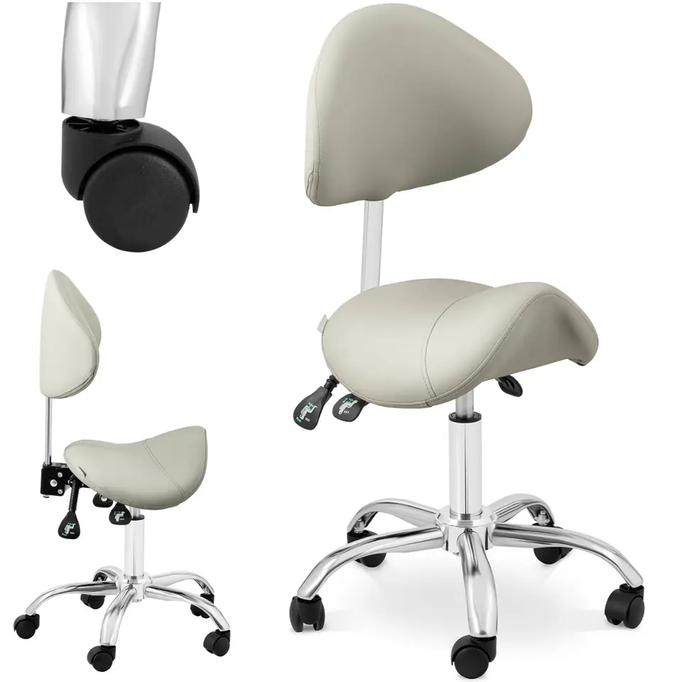 ⁨Krzesło kosmetyczne siodłowe z oparciem obrotowe regulowane MANNHEIM GREY szare⁩ w sklepie Wasserman.eu