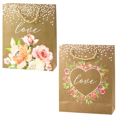 ⁨Torba Prezentowa Napis Love Kwiaty Brokat 32 x 26 x 10 cm⁩ w sklepie Wasserman.eu