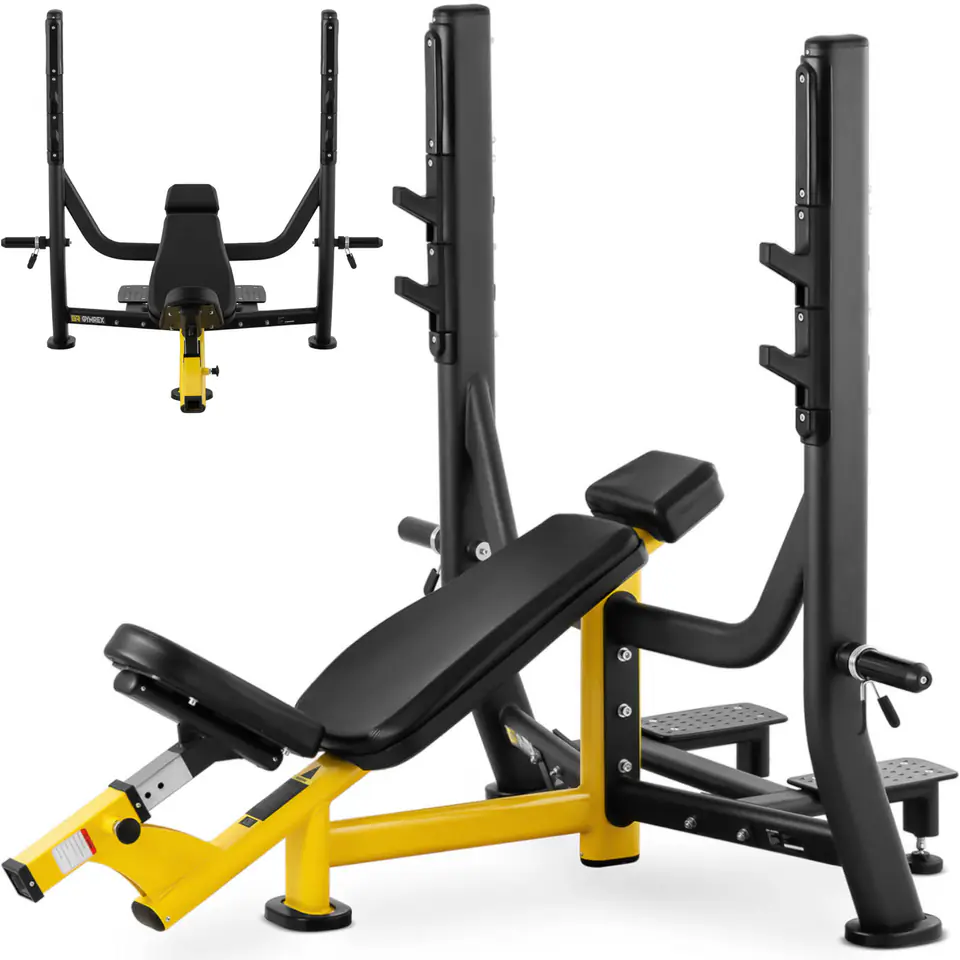 ⁨Bench training bench oblique under the barbell for squeezing the head up black and yellow⁩ at Wasserman.eu