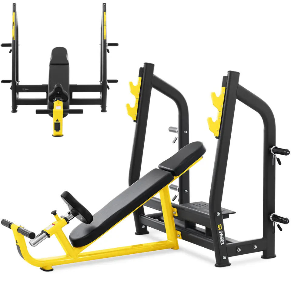 ⁨Bench training bench oblique under the barbell for squeezing the head up black and yellow⁩ at Wasserman.eu