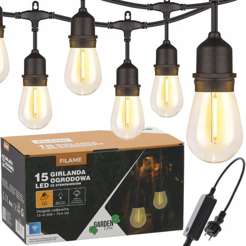⁨EXTRALINK GIRLANDA OGRODOWA ZE STEROWNIKIEM 12 V DŁ. 0,6 + 14,4 M FILAME 15 LED CIEPŁY BIAŁY Z UCHWYTAMI - 1267⁩ w sklepie Wasserman.eu