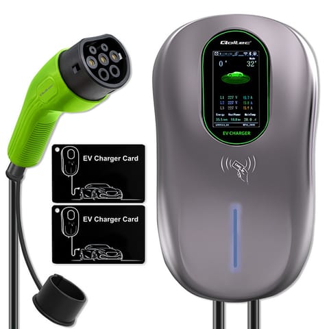 ⁨Qoltec Stacja ładowania EV 2w1 Typ2 | 22kW | LCD | 2 Karty EV | 3 fazy | Wallbox | Hotel system | 5m⁩ w sklepie Wasserman.eu