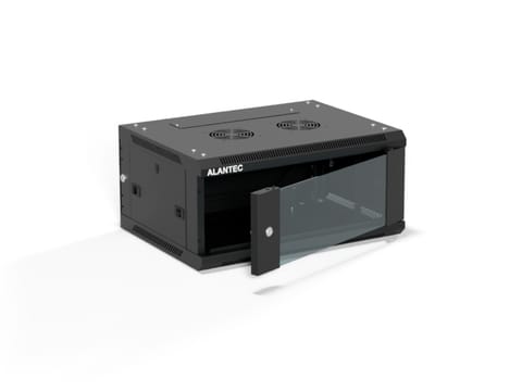 Szafa wisząca 19" 4U 600x450, drzwi szklane jednoskrzydłowe, tył osłona pełna demontowalna, osłony boczne pełne demontowalne zamykane na klucz, 4 belki, kolor czarny, do samodzielnego montażu - Flat Pack, ALANTEC w sklepie Wasserman.eu