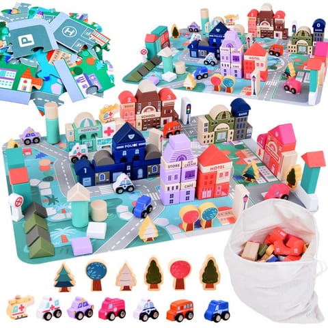 ⁨Pastelowy Zestaw Klocki drewniane Miasteczko + Mata puzzle 115 ele ZA5373⁩ w sklepie Wasserman.eu