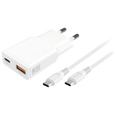 ⁨Ładowarka sieciowa 4smarts PDPlug Slim   Duos 20W GaN USB-C+USB-A + kabel USB-C 1.5m biały⁩ w sklepie Wasserman.eu