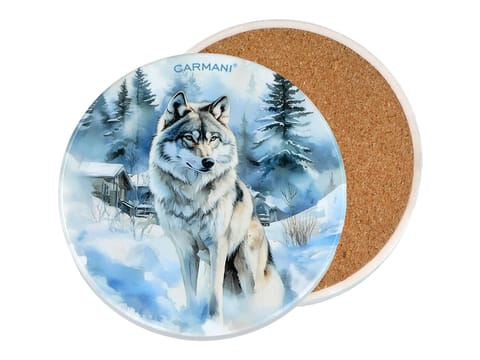⁨Kpl. 5 podkładek ceramicznych, okrągłych - Zimowe zwierzęta - Wilki (CARMANI)⁩ w sklepie Wasserman.eu