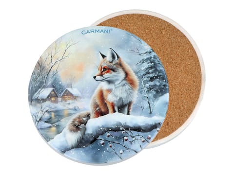 ⁨Kpl. 5 podkładek ceramicznych, okrągłych - Zimowe zwierzęta - Lisy (CARMANI)⁩ w sklepie Wasserman.eu