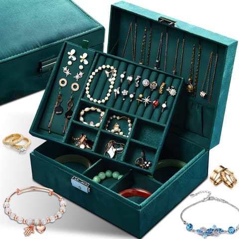 Szkatułka organizer pudełko na biżuterię zamykane na klucz 23.2 x 19 x 9 cm- ciemnozielone w sklepie Wasserman.eu