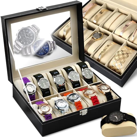 Pudełko organizer box na zegarki lub biżuterię 10 przegród - czarne w sklepie Wasserman.eu