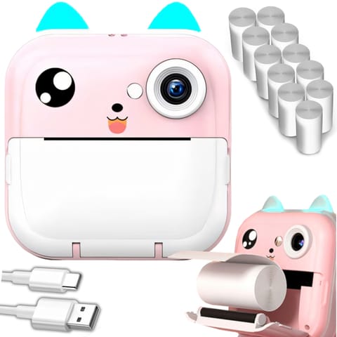 Drukarka termiczna dla dzieci z aparatem fotograficznym głośnikiem 5 gier Mini Kot 11 rolek - różowa w sklepie Wasserman.eu