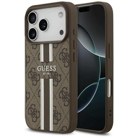 ⁨Etui Guess 4G Printed Stripes MagSafe do iPhone 17 Pro brązowy⁩ w sklepie Wasserman.eu