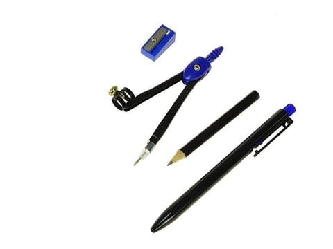 ⁨Cyrkiel, ołówek, długopis, temperówka w etui MIX⁩ w sklepie Wasserman.eu