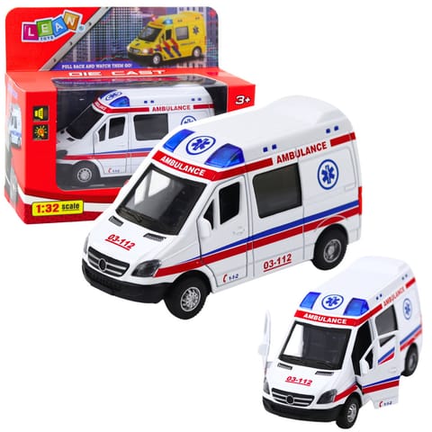 ⁨Karetka Ambulans Metalowy Z Napędem Pull Back Światła Dźwięki Biały 1:32⁩ w sklepie Wasserman.eu