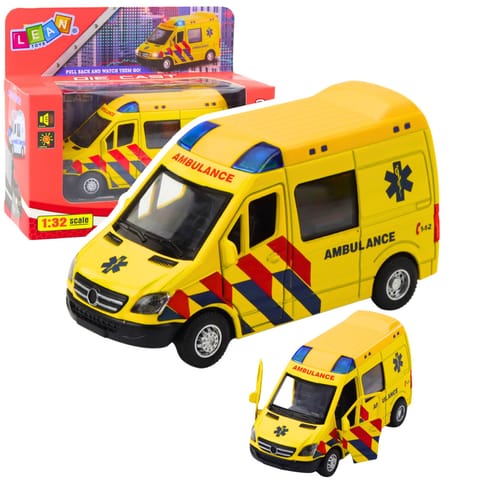 ⁨Karetka Ambulans Metalowy Z Napędem Pull Back Światła Dźwięki Żółty 1:32⁩ w sklepie Wasserman.eu