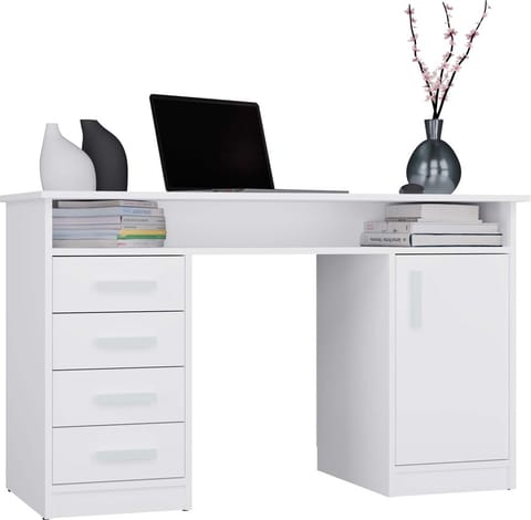 ⁨BIURKO ADA BIAŁE 125 Cm 4 Szuflady Szafka Półki Do Biura Pokoju Na Laptop⁩ w sklepie Wasserman.eu