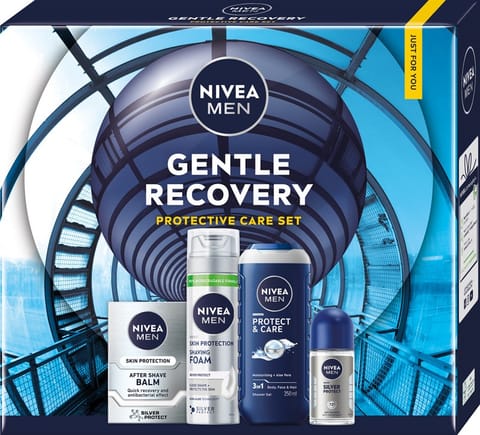 ⁨NIVEA Zestaw prezentowy męski Gentle Recovery (Pianka do golenia 200ml + Balsam po goleniu 100ml + Antyperspirant roll-on 50ml + Żel pod prysznic 250ml)⁩ w sklepie Wasserman.eu
