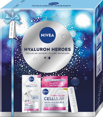 ⁨NIVEA Zestaw prezentowy damski Hyaluron Heroes (Serum 15ml + Balsam do ust + Krem na dzień 50ml)⁩ w sklepie Wasserman.eu