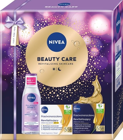 ⁨NIVEA Zestaw prezentowy damski Beauty Care (Płyn micelarny 200ml + Krem na dzień 55+ 50ml + Krem na noc 55+ 50ml)⁩ w sklepie Wasserman.eu