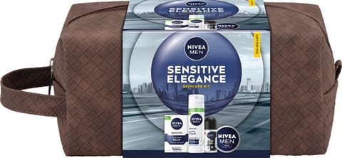 ⁨NIVEA Zestaw prezentowy męski Sensitive Elegance (Antyperspirant roll-on 50ml + Krem uniwersalny 75ml +Pianka do golenia 200ml + Balsam po goleniu 100ml + kosmetyczka)⁩ w sklepie Wasserman.eu