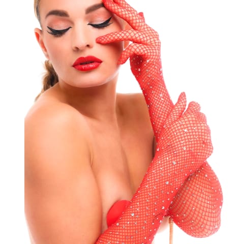 ⁨Rękawiczki Z Cyrkoniami Starlet Gloves Red/Rhinestones Kinky Diva⁩ w sklepie Wasserman.eu