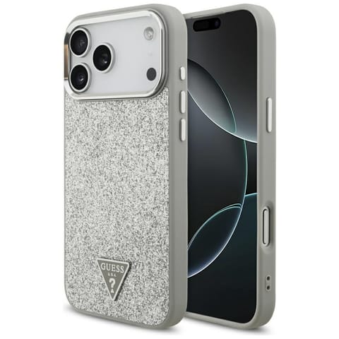 ⁨Etui Guess Glitter Triangle Logo MagSafe do iPhone 17 Pro Max srebrny⁩ w sklepie Wasserman.eu