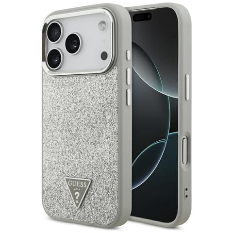 ⁨Etui Guess Glitter Triangle Logo MagSafe do iPhone 17 Pro srebrny⁩ w sklepie Wasserman.eu