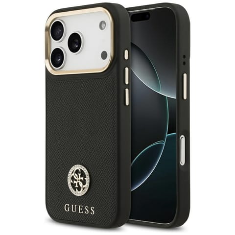⁨Etui Guess Grained Strass Logo MagSafe   do iPhone 17 Pro czarny⁩ w sklepie Wasserman.eu