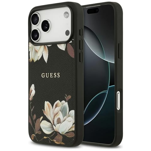 ⁨Etui Guess Grained Flowers Classic Logo  MagSafe do iPhone 17 Pro Max czarny⁩ w sklepie Wasserman.eu