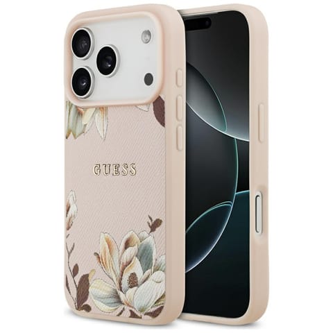 ⁨Etui Guess Grained Flowers Classic Logo  MagSafe do iPhone 17 Pro różowy⁩ w sklepie Wasserman.eu