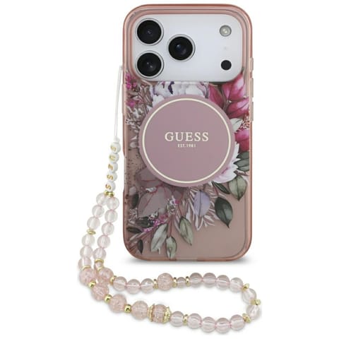 ⁨Etui Guess IML Flowers Pearl Strap       MagSafe do iPhone 17 Pro różowy⁩ w sklepie Wasserman.eu
