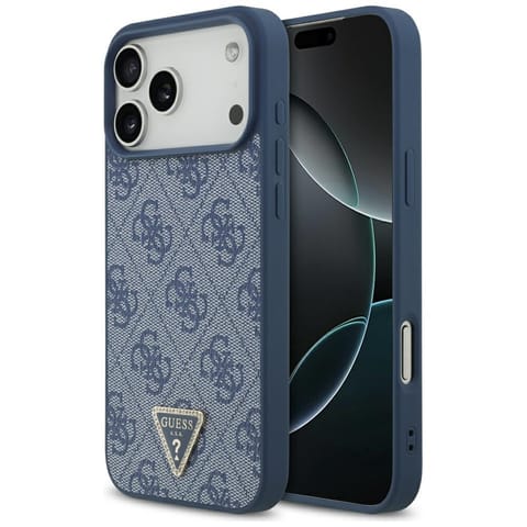 ⁨Etui Guess Leather 4G Triangle Strass    MagSafe do iPhone 17 Pro Max niebieski⁩ w sklepie Wasserman.eu