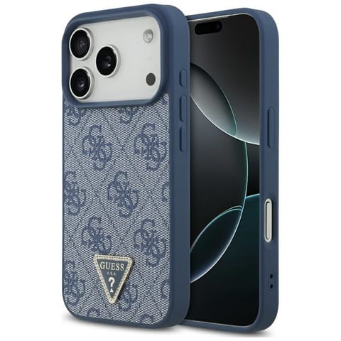 ⁨Etui Guess Leather 4G Triangle Strass    MagSafe do iPhone 17 Pro niebieski⁩ w sklepie Wasserman.eu