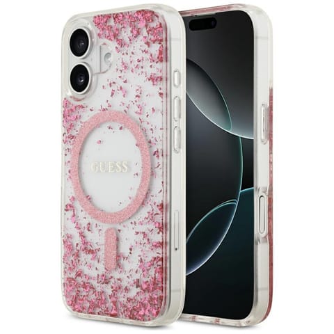 ⁨Etui Guess Resin Bottom Glitter MagSafe  do iPhone 17 różowy⁩ w sklepie Wasserman.eu