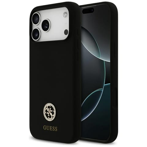 ⁨Etui Guess Silicone Logo Strass 4G       MagSafe do iPhone 17 Pro Max czarny⁩ w sklepie Wasserman.eu