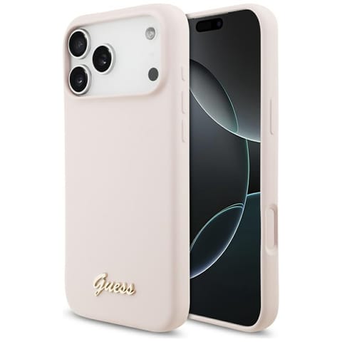 ⁨Etui Guess Silicone Script Metal Logo    MagSafe do iPhone 17 Pro Max różowy⁩ w sklepie Wasserman.eu