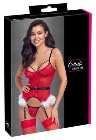 ⁨Cottelli Lingerie X-Mas Basque S/M - czerwony komplet z koronką i piorami⁩ w sklepie Wasserman.eu