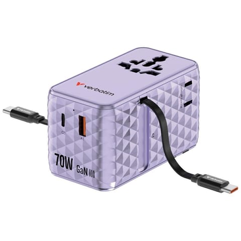 ⁨Verbatim Adapter podróżny EU/UK/US GaN   1xUSB-C/1xUSB-A/2xUSB-C PD 70W fioletowy 30188⁩ w sklepie Wasserman.eu