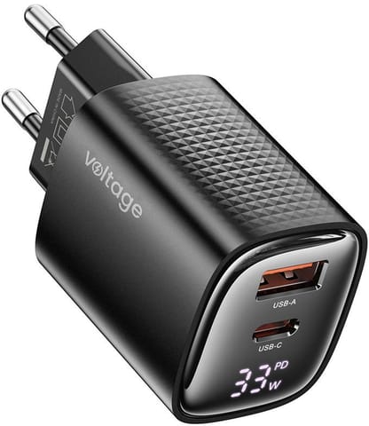 ⁨Ładowarka sieciowa Voltage GaN Charger Mini 33W PD 3.0 QC 3.0 USB-A USB-C Digital Display czarna⁩ w sklepie Wasserman.eu