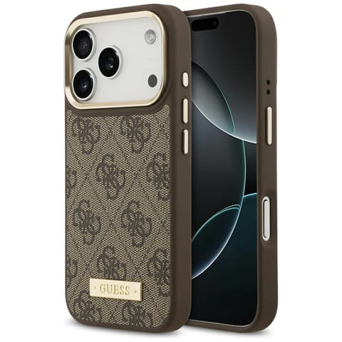 ⁨Etui Guess 4G Logo Plate MagSafe do iPhone 17 Pro brązowy⁩ w sklepie Wasserman.eu