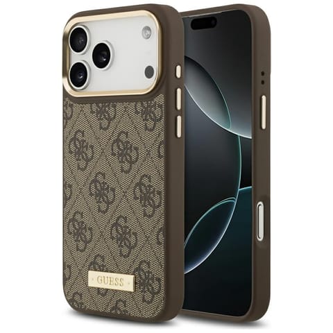 ⁨Etui Guess 4G Logo Plate MagSafe do iPhone 17 Pro Max brązowy⁩ w sklepie Wasserman.eu