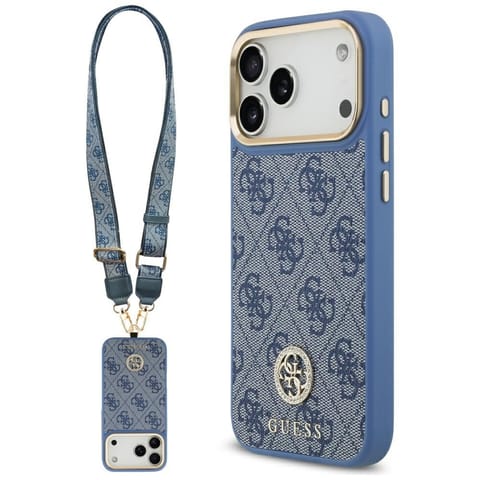 ⁨Etui Guess 4G Strass Logo & Big Strap    Metal Buttons MagSafe do iPhone 17 Pro Max niebieski⁩ w sklepie Wasserman.eu