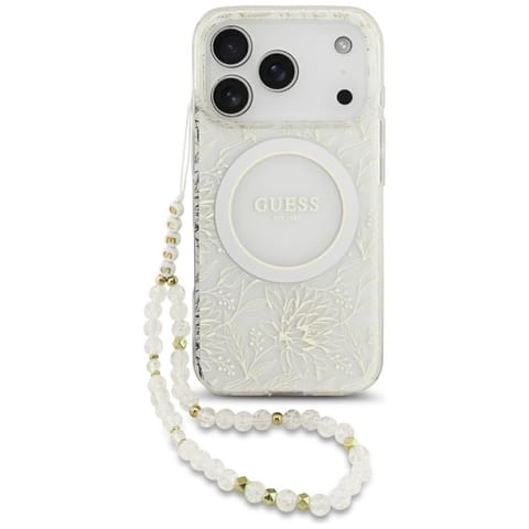 ⁨Etui Guess IML Flowers Electro Pearl     Strap MagSafe do iPhone 17 Pro biały⁩ w sklepie Wasserman.eu