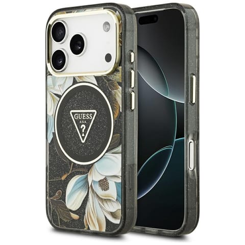 ⁨Etui Guess IML Glitter Flowers Triangle  MagSafe do iPhone 17 Pro Max czarny⁩ w sklepie Wasserman.eu