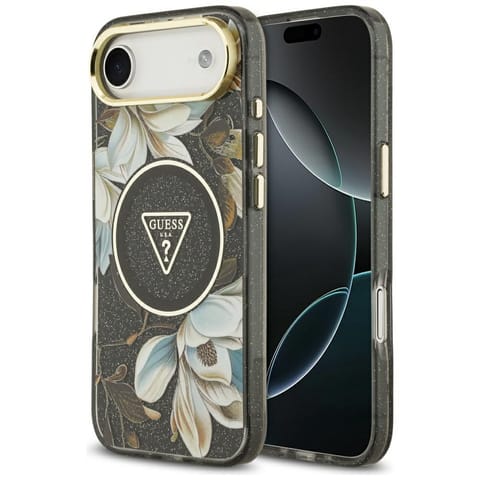 ⁨Etui Guess IML Glitter Flowers Triangle  MagSafe do iPhone Air czarny⁩ w sklepie Wasserman.eu