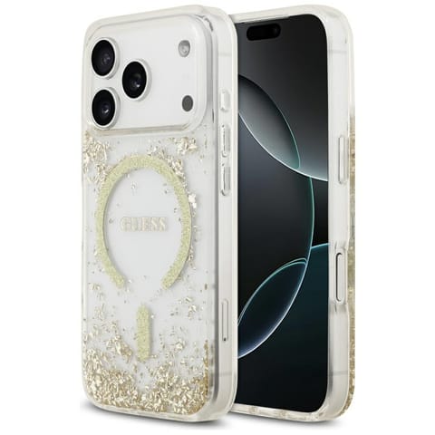 ⁨Etui Guess Resin Bottom Glitter MagSafe  do iPhone 17 Pro złoty⁩ w sklepie Wasserman.eu