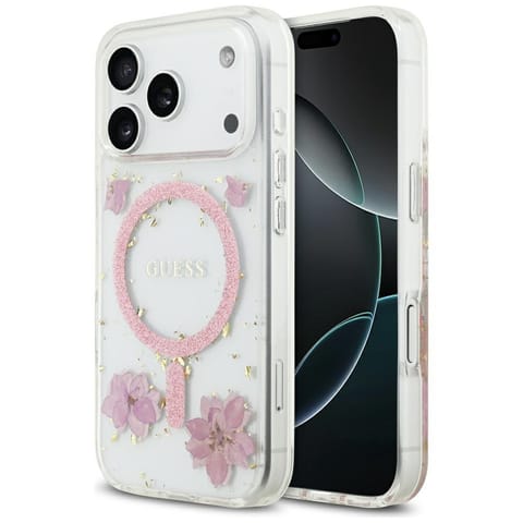 ⁨Etui Guess Resin Flowers Glitter MagSafe do iPhone 17 Pro różowy⁩ w sklepie Wasserman.eu
