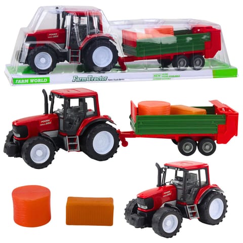 ⁨Traktor Rolniczy Farmerski Z Zieloną Przyczepą i Sianem Czerwony 62cm⁩ w sklepie Wasserman.eu