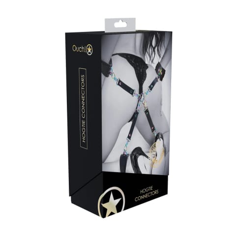 ⁨Ouch! Venice Collection 4-Way Hogtie Connectors czarne, skorzane⁩ w sklepie Wasserman.eu