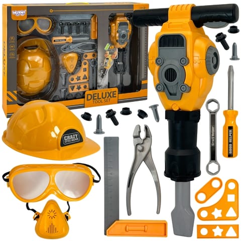 ⁨WOOPIE Zestaw Narzędzi Małego Majsterkowicza Gogle Kask Młot Pneumatyczny 21el.⁩ w sklepie Wasserman.eu