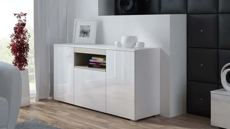 Komoda VIVA 150 biały/ biały połysk+ dąb sonoma w sklepie Wasserman.eu
